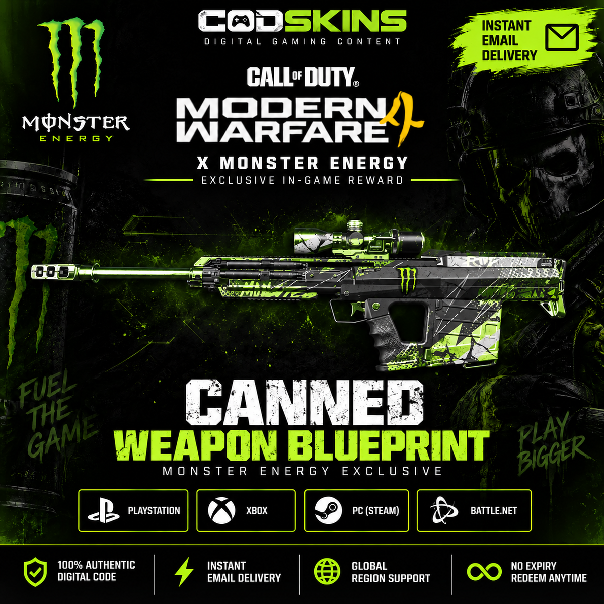 Call of Duty MW4 Monster Energy Canned Signal 50 Sniper Weapon Blueprint code codskins