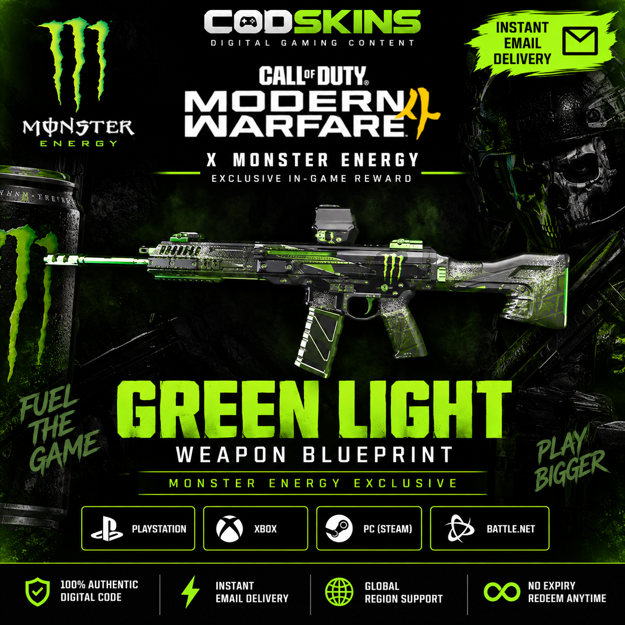 Call of Duty MW4 Monster Energy Green Light weapon blueprint digital code reward – exclusive in-game weapon cosmetic from CODSKINS