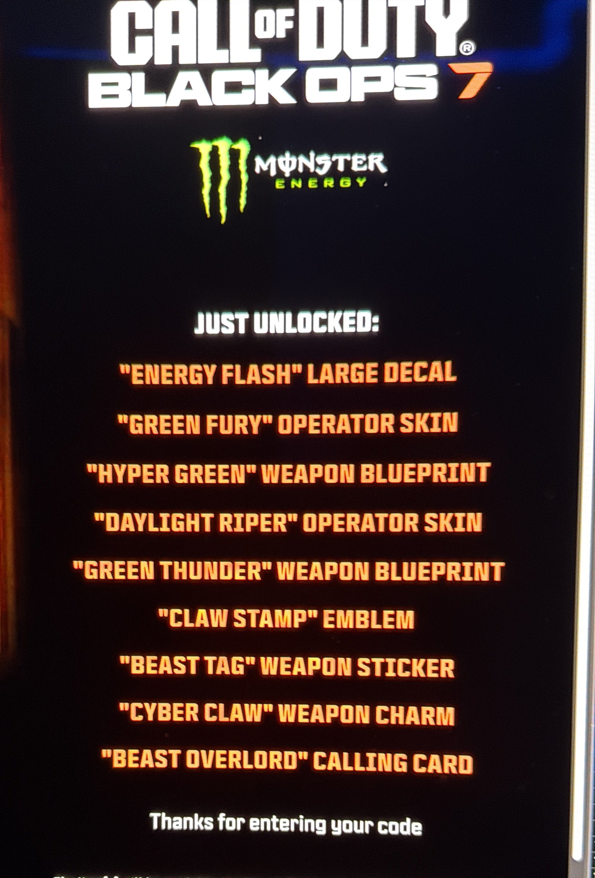 Call of duty black ops 7 Monster energy Premium pack. USA store exclusives weapon charm, weapon sticker, calling card, emblem