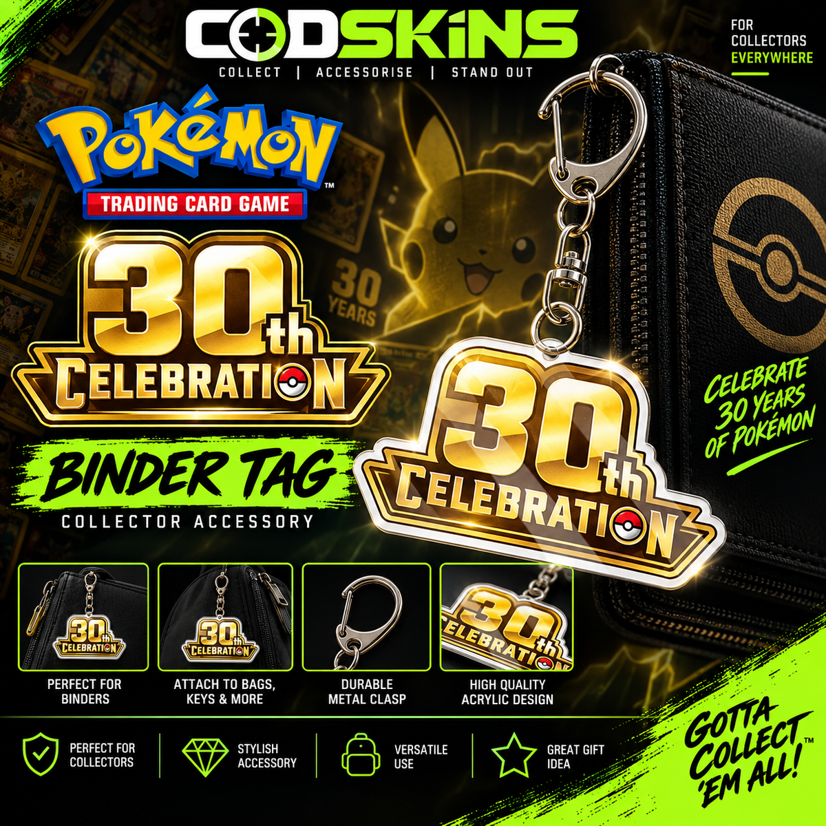 Gold Pokémon 30th Anniversary Celebration binder tag keychain TCG collector accessory