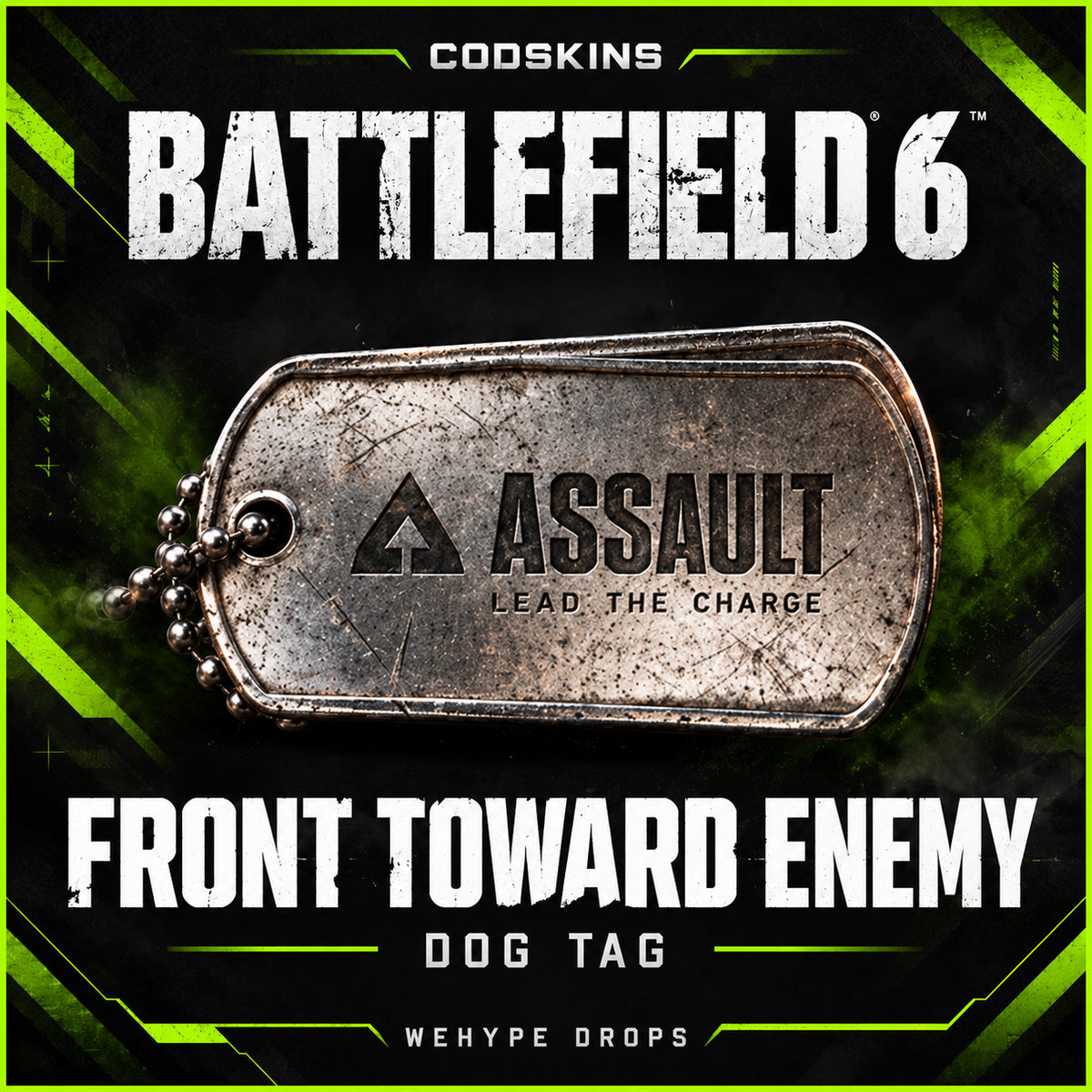 Battlefield 6 Front Toward Enemy Dog Tag featuring ASSAULT and Lead the Charge lettering
