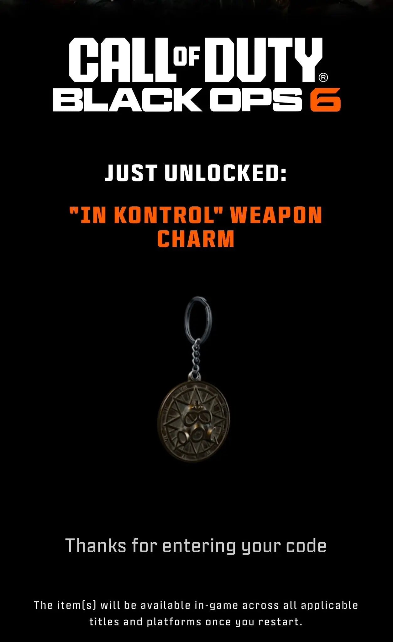 Call Of Duty Black Ops 6 "In Kontrol" Weapon Charm - WHOTTON TRADING