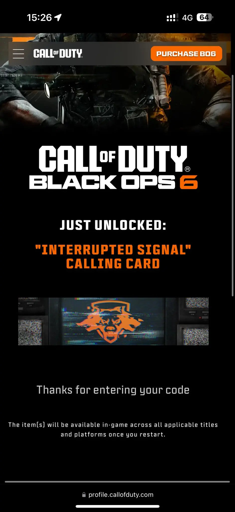 Call of Duty Black Ops 6 - INTERRUPTED SIGNAL CALLING CARD - WHOTTON TRADING