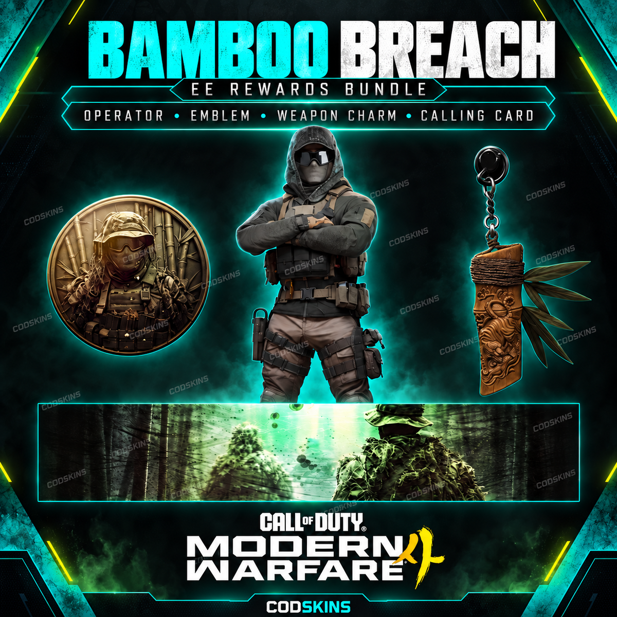 MW4 Bamboo Breach EE bundle with operator skin, emblem, weapon charm and calling card – CODSKINS