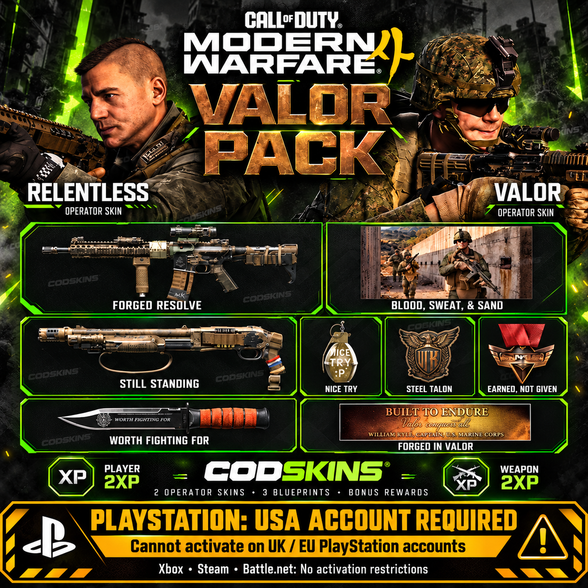 MW4 Valor Pack – PlayStation USA account required; cannot activate on UK or EU PlayStation accounts. Xbox, Steam and Battle.net unrestricted.