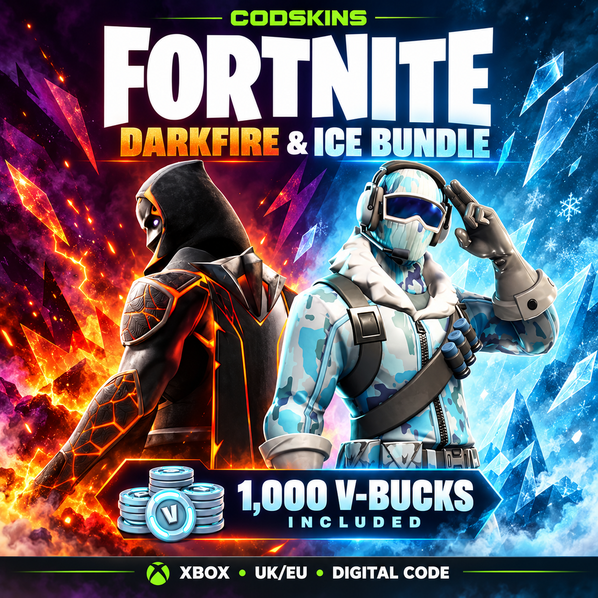 Fortnite Darkfire & Ice Bundle Xbox UK/EU digital code featuring Molten Omen, Frostbite and 1,000 V-Bucks