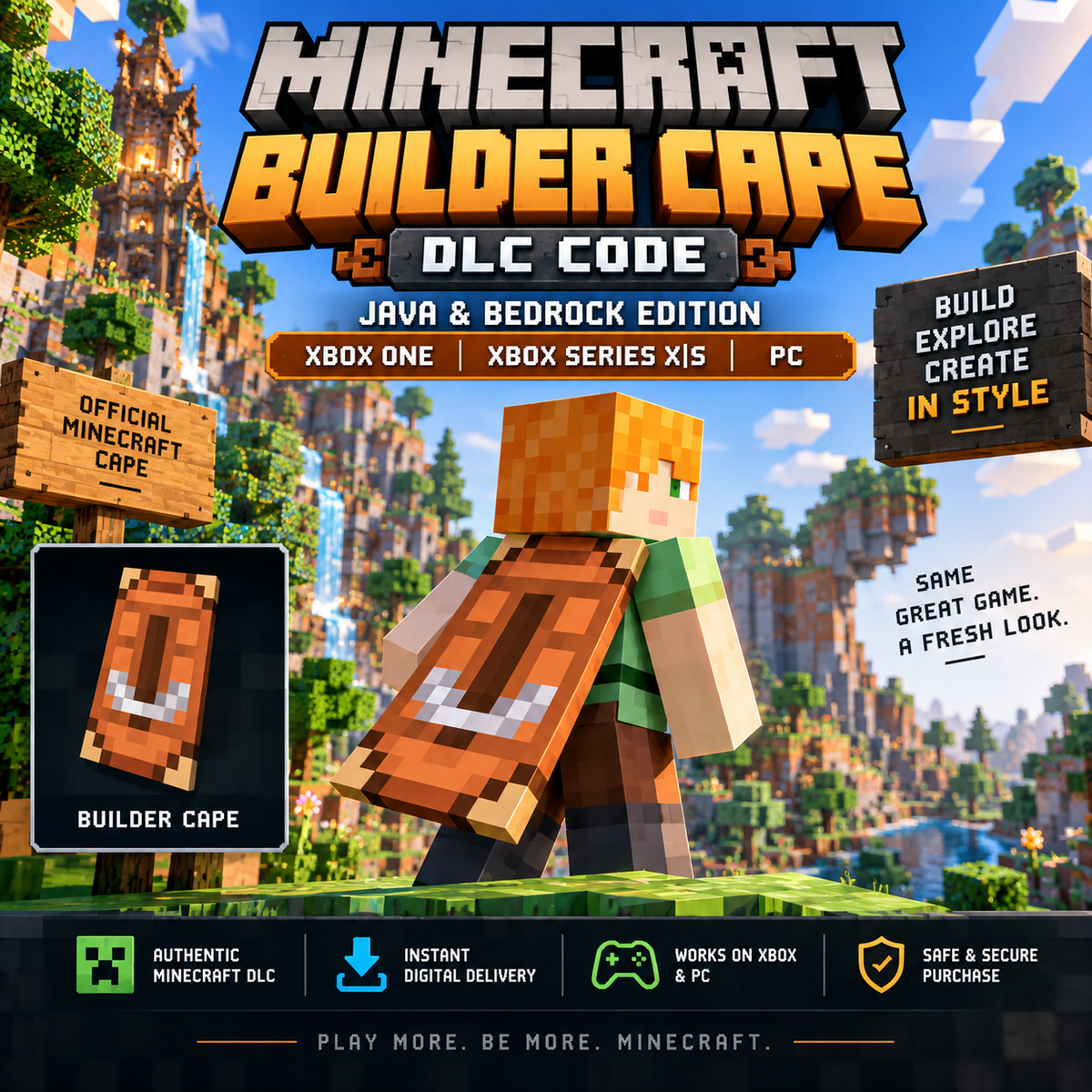 Minecraft Builder Cape DLC code promotional artwork orange pickaxe cape Xbox and PC