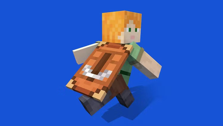 Minecraft Alex wearing orange Builder Cape with pickaxe design original cosmetic image