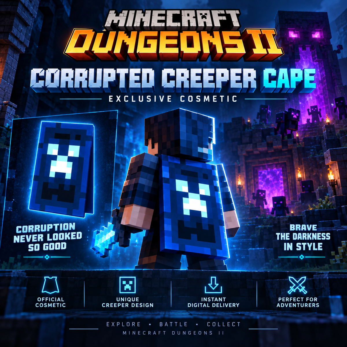Minecraft Dungeons 2 Corrupted Creeper Cape blue pixel-art cape digital code promotional image