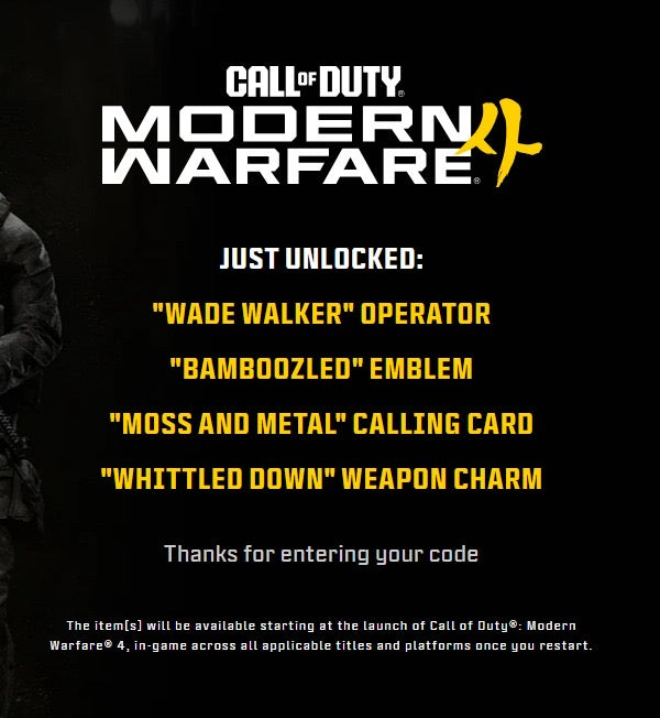 MW4 EE Bamboo Breach bundle redemption confirmation: Wade Walker operator, Bamboozled emblem, Moss and Metal calling card and Whittled Down weapon charm