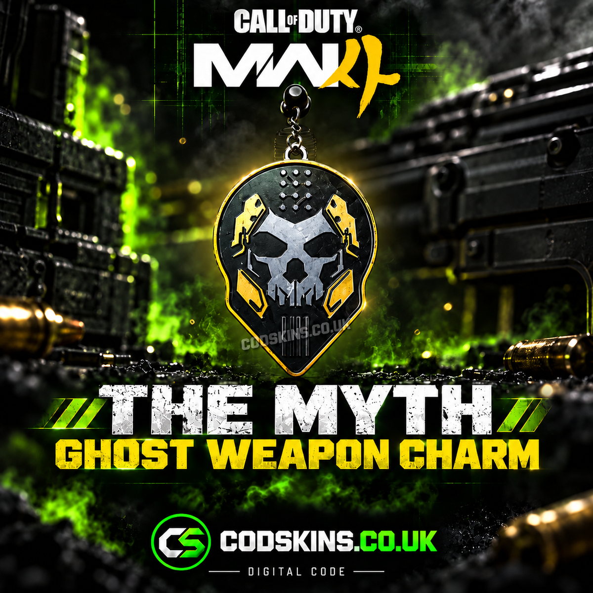 The Myth Ghost Weapon Charm for Call of Duty Modern Warfare 4 – black and gold skull design, CODSKINS