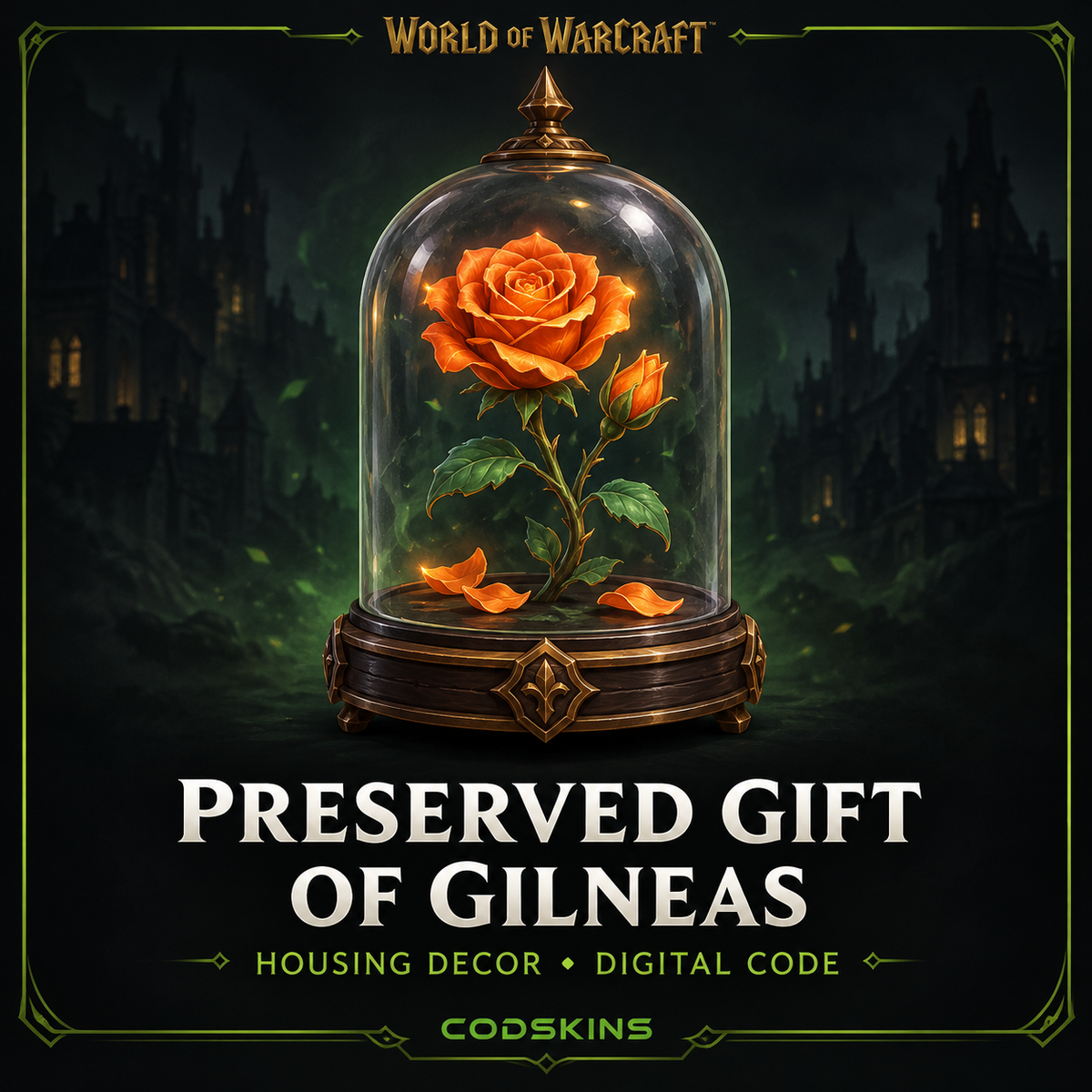 World of Warcraft Preserved Gift of Gilneas housing decor with an orange rose beneath a glass dome – CODSKINS digital code