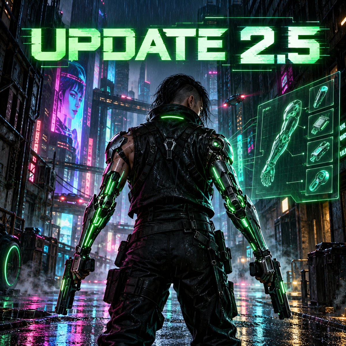 Cyberpunk 2077 Update 2.5 cyberware customisation and dual-wield combat in the CODSKINS neon-green style
