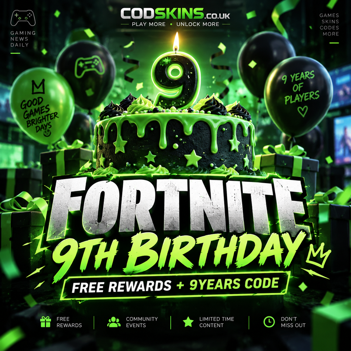 Fortnite 9th Birthday free rewards and 9YEARS code - CODSKINS
