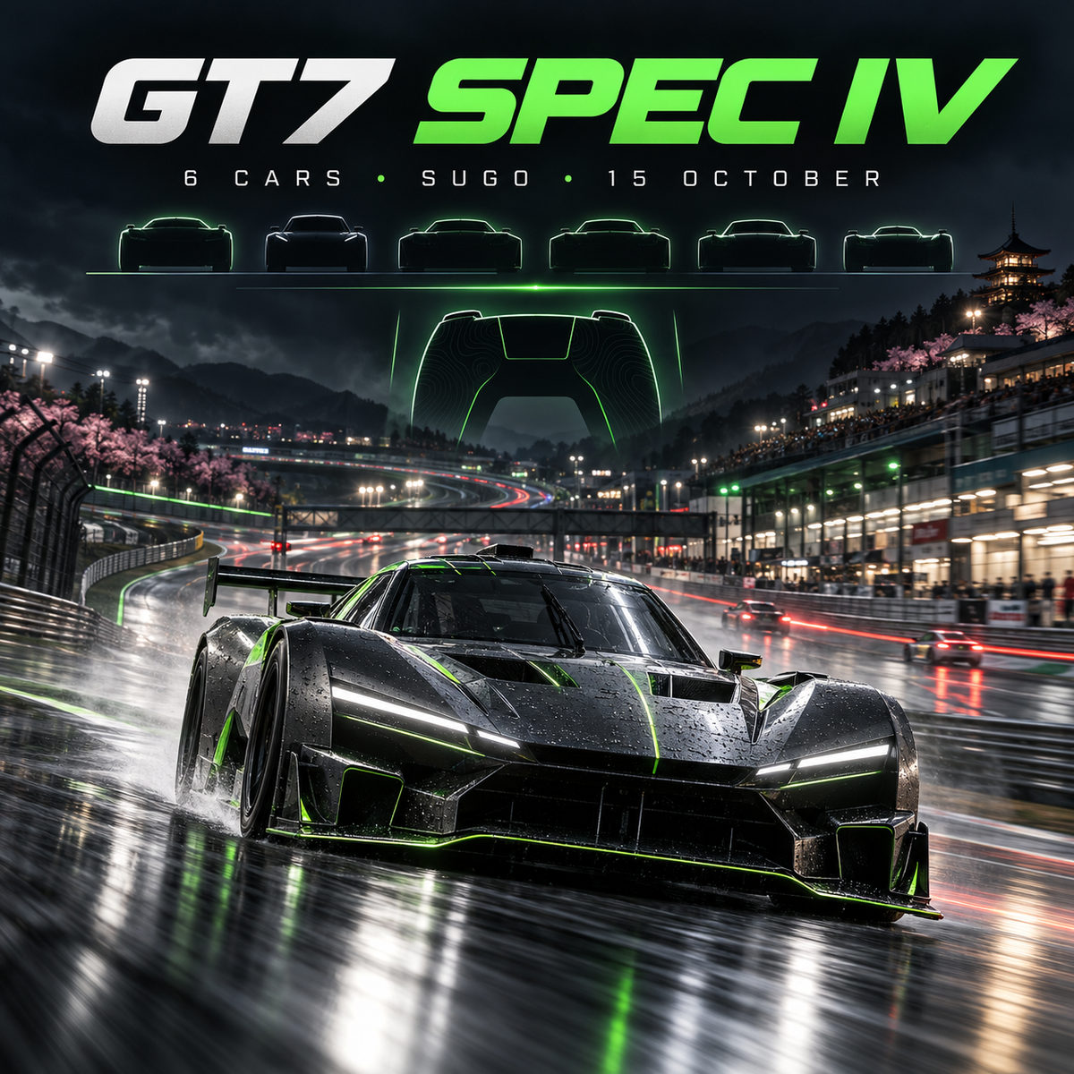 Gran Turismo 7 Spec IV racing update with six cars and Sugo circuit in black and neon-green CODSKINS style