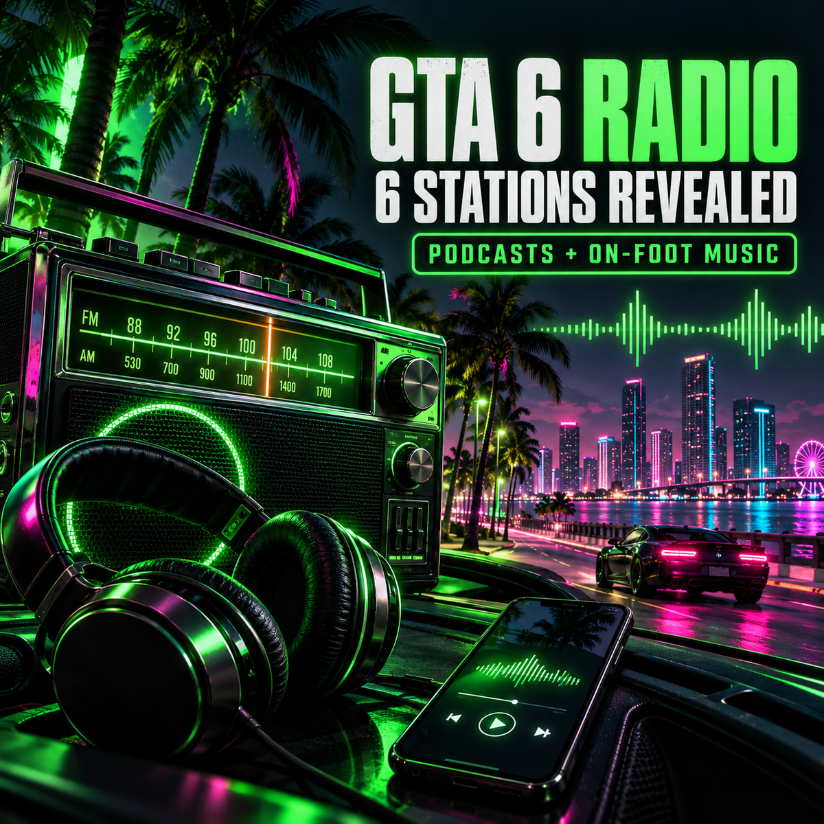 GTA 6 radio stations, podcasts and on-foot music featured image in black and neon green