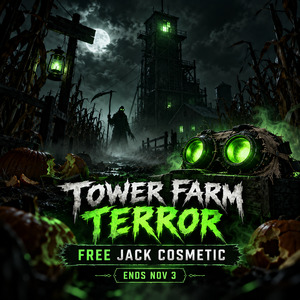 Halloween The Game Tower Farm Terror update with Jack cosmetic and Scythe in a dark neon-green farm scene