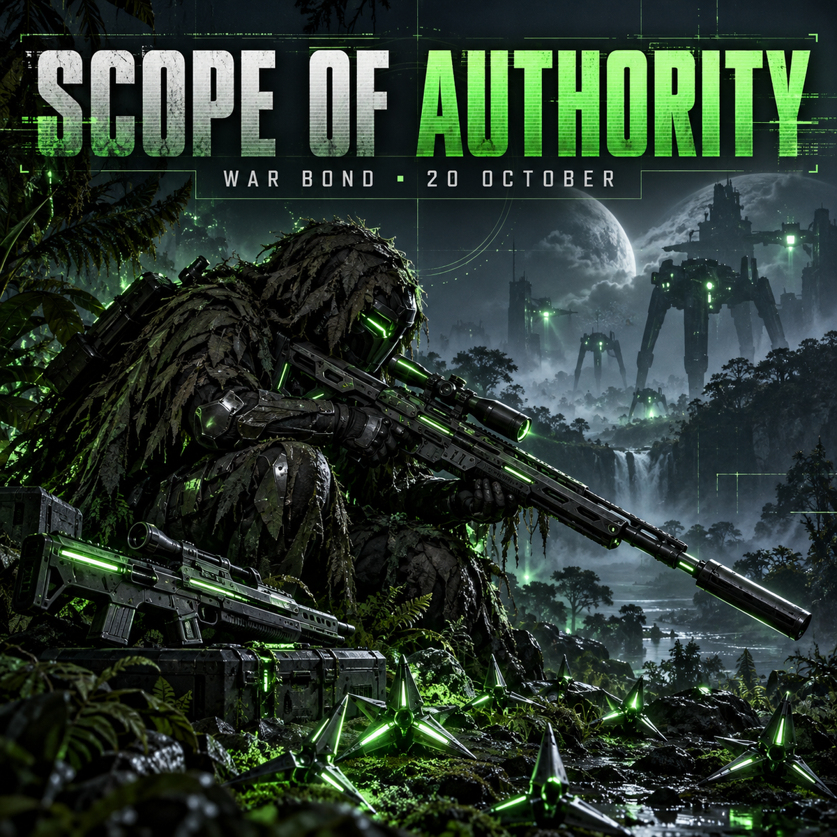 Scope of Authority Premium Warbond guide with a futuristic sniper in black and neon-green CODSKINS styling