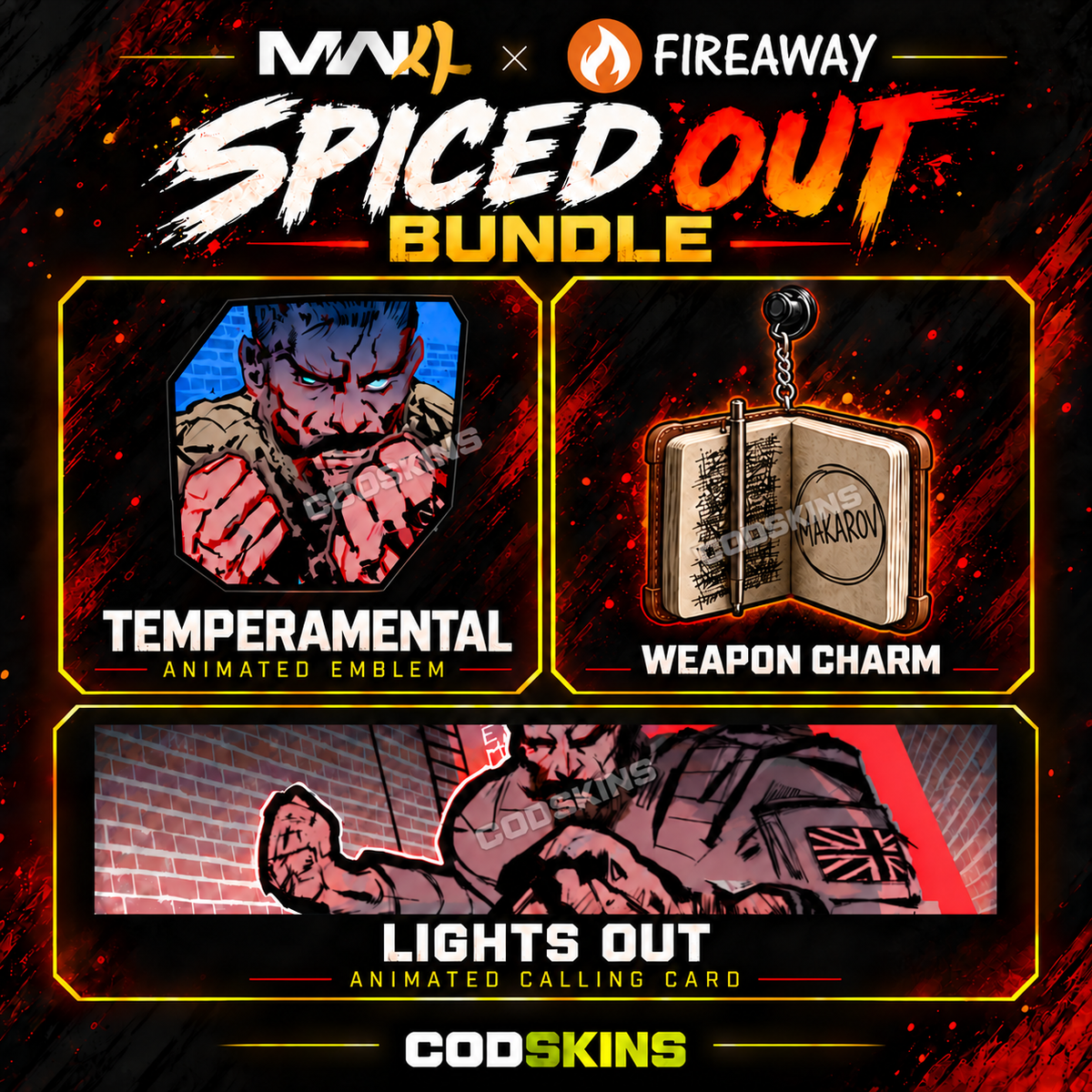 MW4 Fireaway Spiced Out Bundle: Temperamental animated emblem, Lights Out animated calling card and Penciled In notebook weapon charm