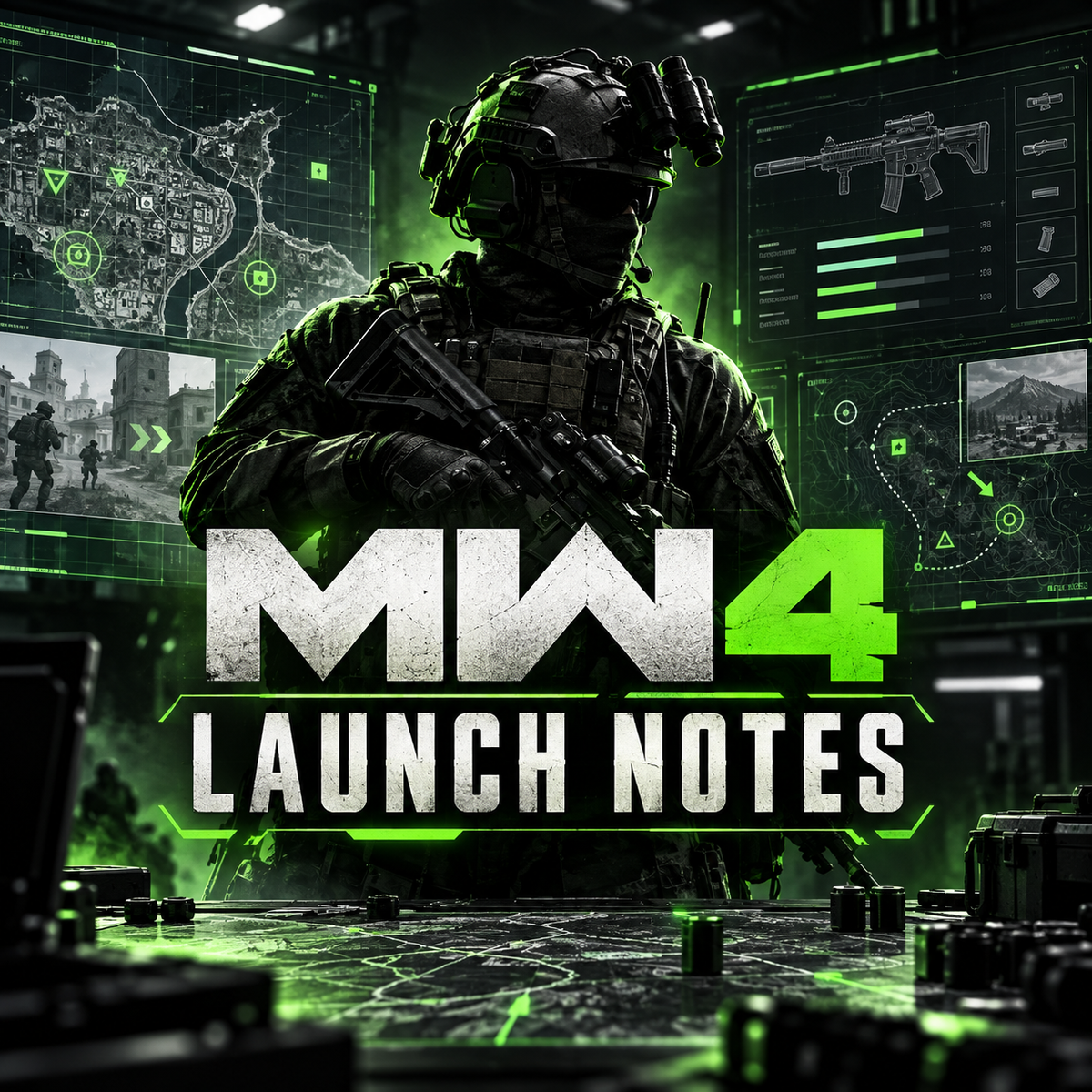 MW4 launch notes artwork in CODSKINS black and neon-green style