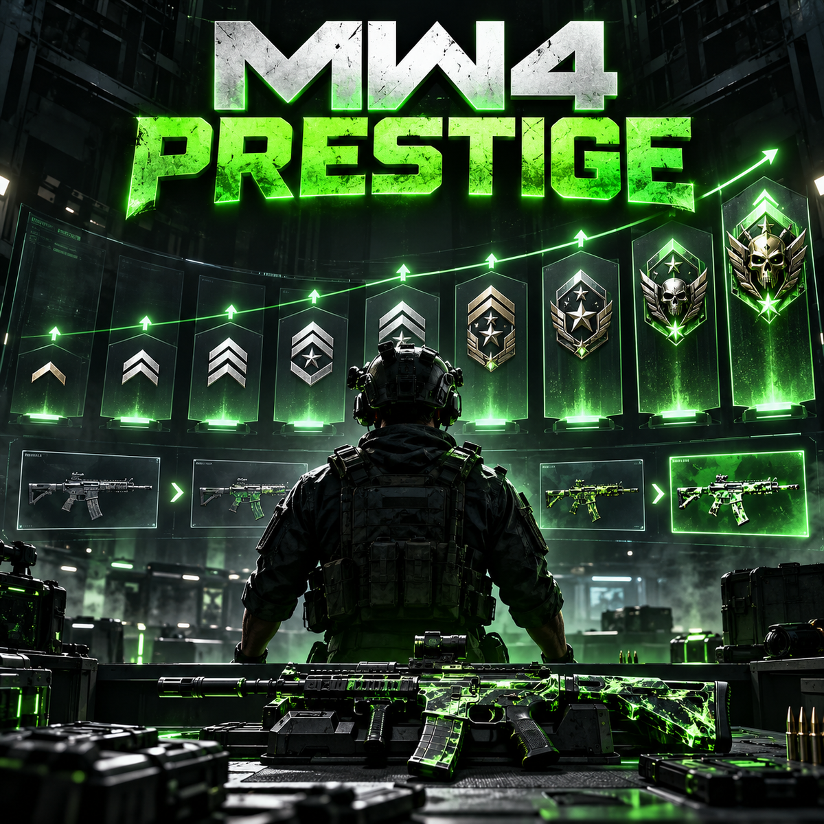 MW4 Prestige progression ranks and neon-green weapon camo in the CODSKINS dark gaming style