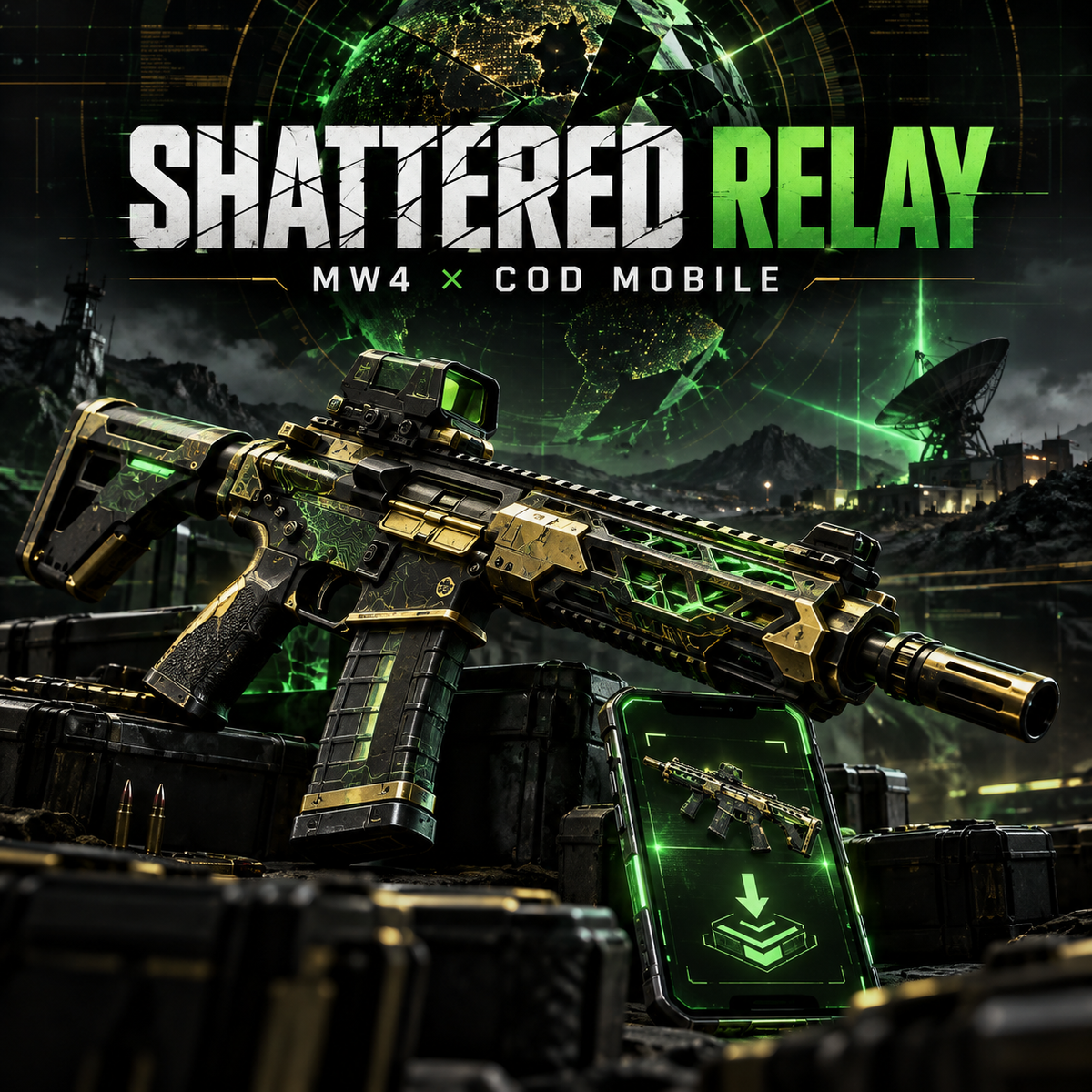 Shattered Relay MW4 and Call of Duty Mobile pre-order reward guide in black, gold and neon green