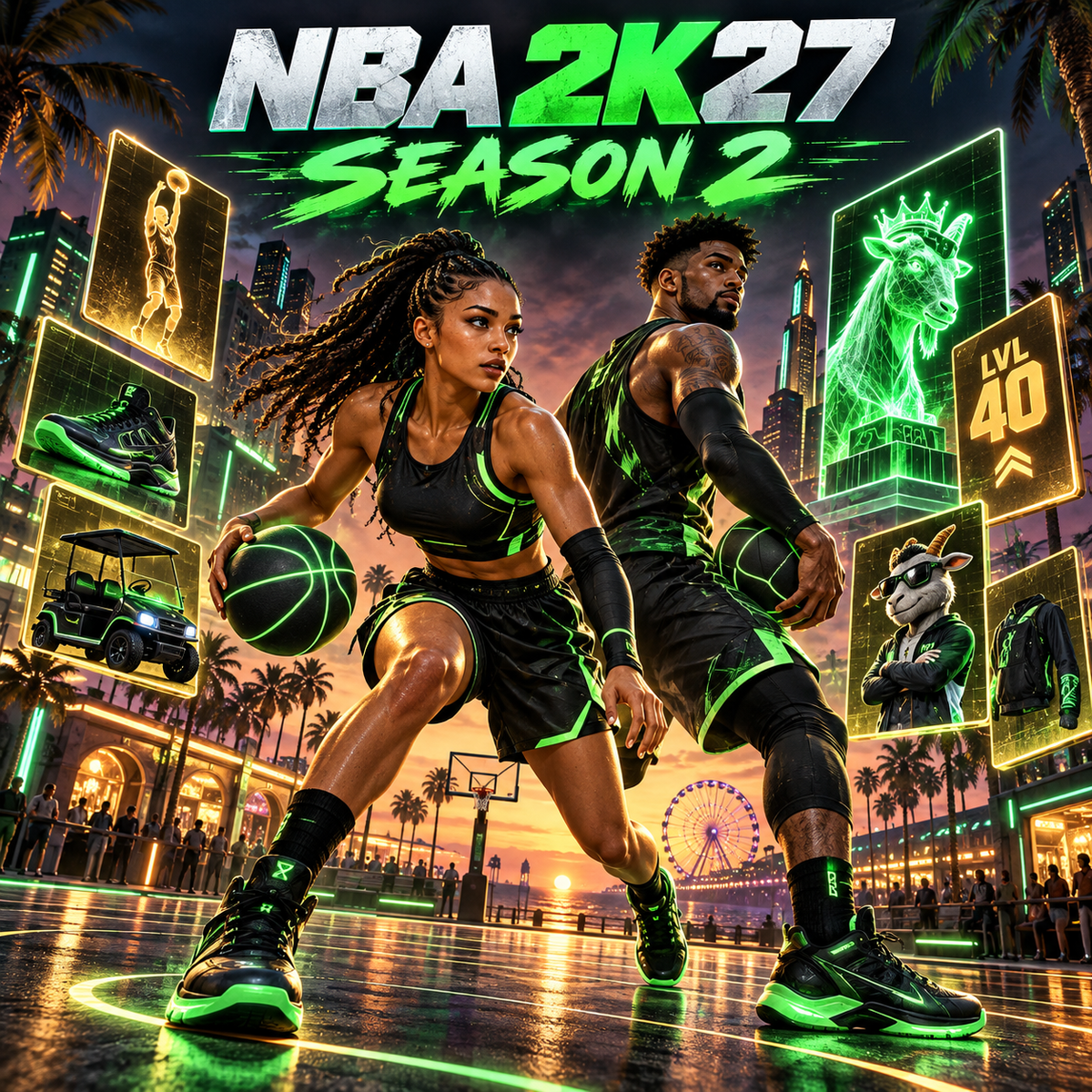 NBA 2K27 Season 2 rewards guide with basketball players, Level 40 and GOAT Build graphics