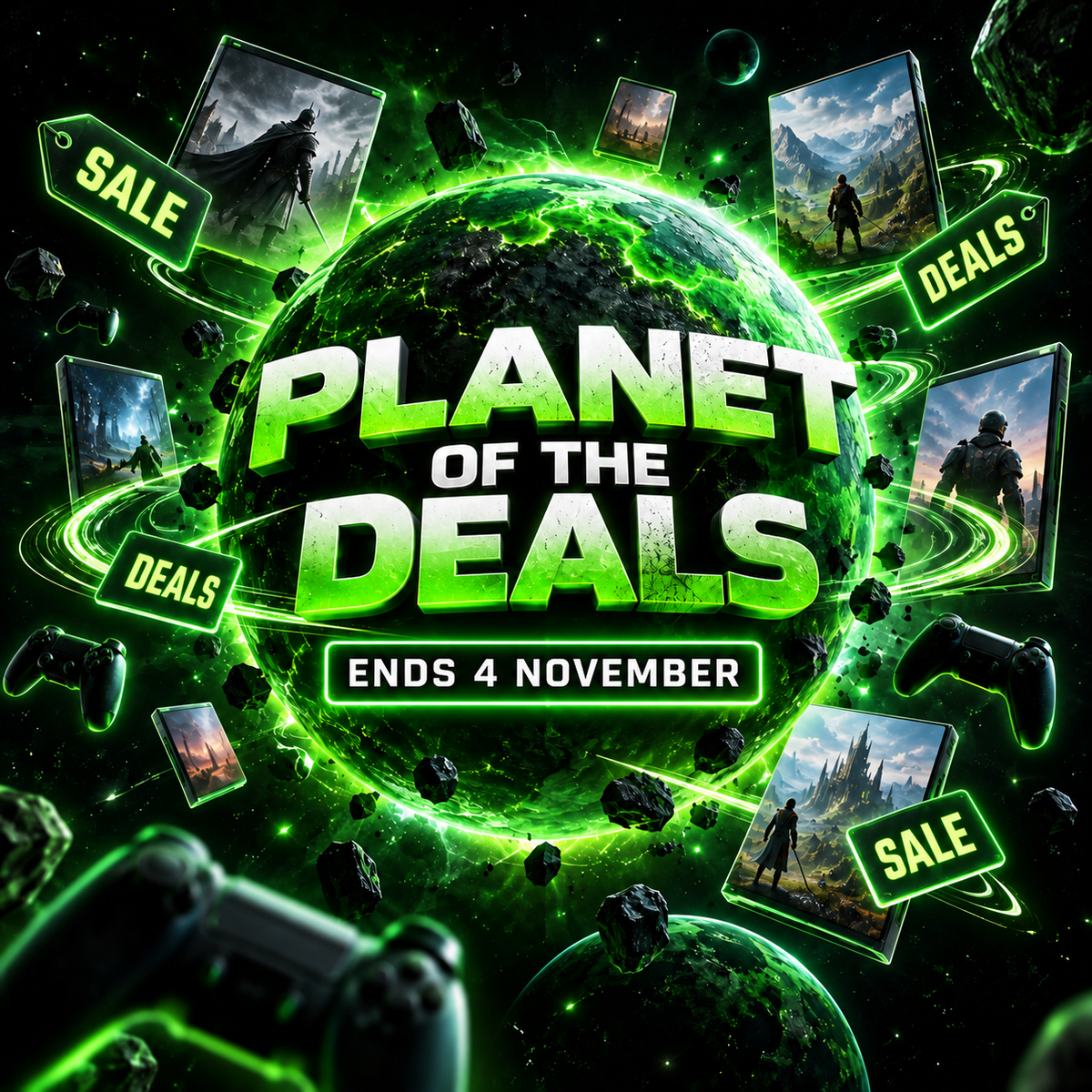Planet of the Deals sale artwork in CODSKINS black and neon-green style