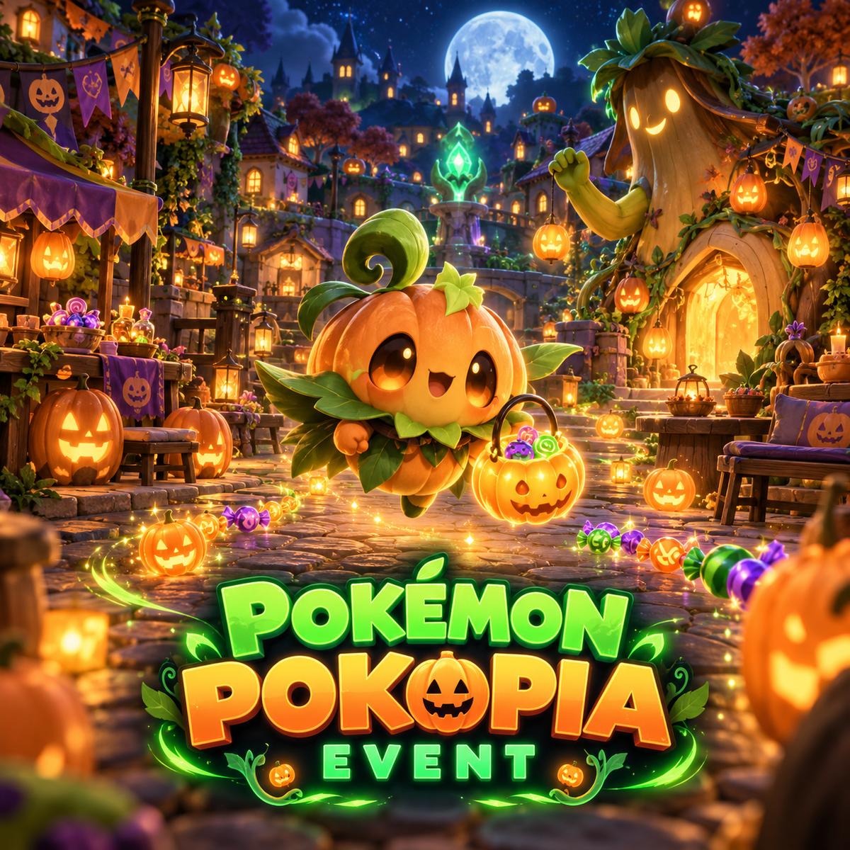 Pokémon Pokopia Pumpkaboo Sweet Surprises event guide with pumpkin candy and midnight festival decorations