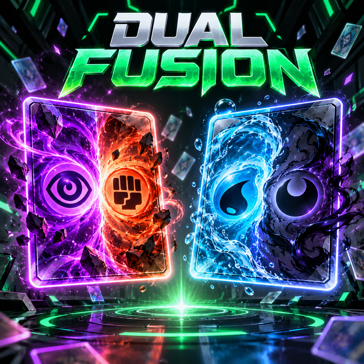 Dual Fusion digital cards showing two elemental types in the dark neon-green CODSKINS style