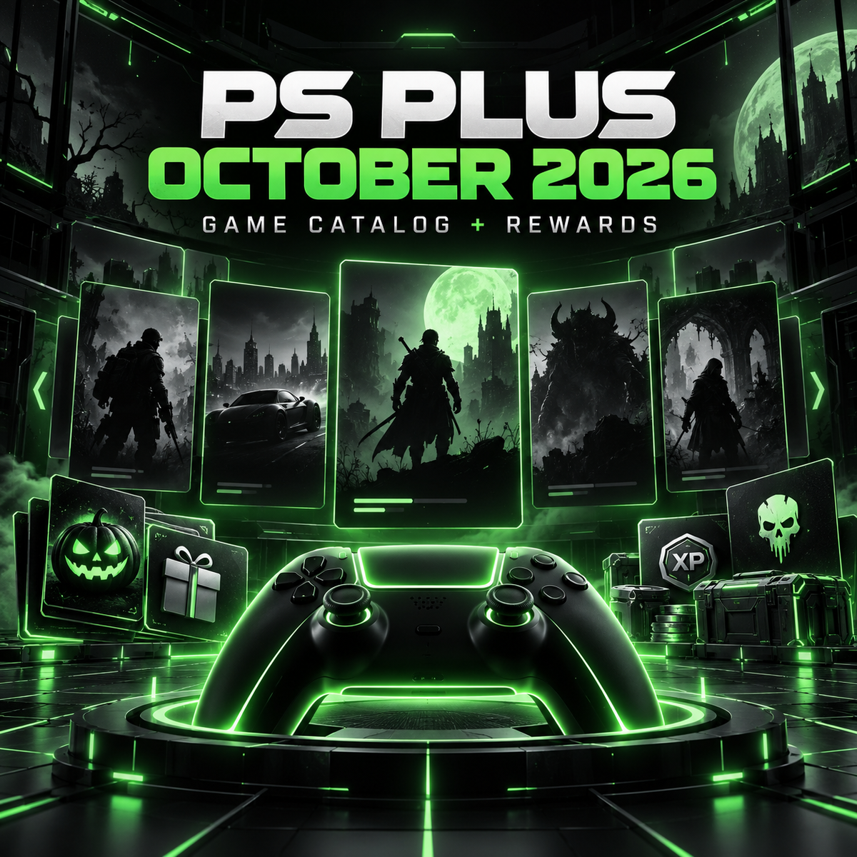 PlayStation Plus October 2026 Game Catalog and HorrorFest rewards guide in black and neon-green CODSKINS style