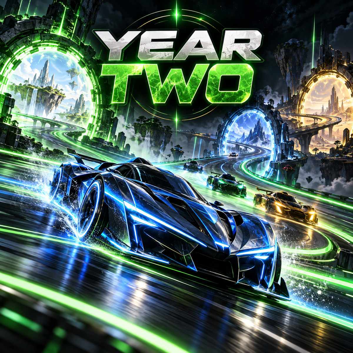 Sonic Racing CrossWorlds Year Two roadmap represented by neon green dimensional racetracks and futuristic cars