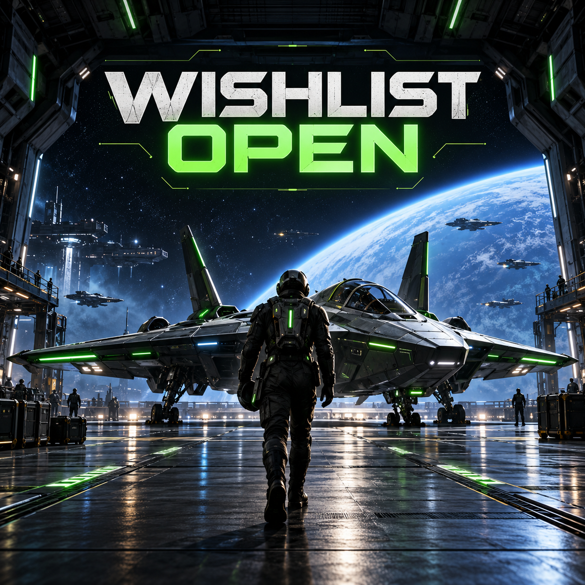 Squadron 42 Steam wishlist story represented by a pilot approaching a neon green-lit starfighter in a space hangar