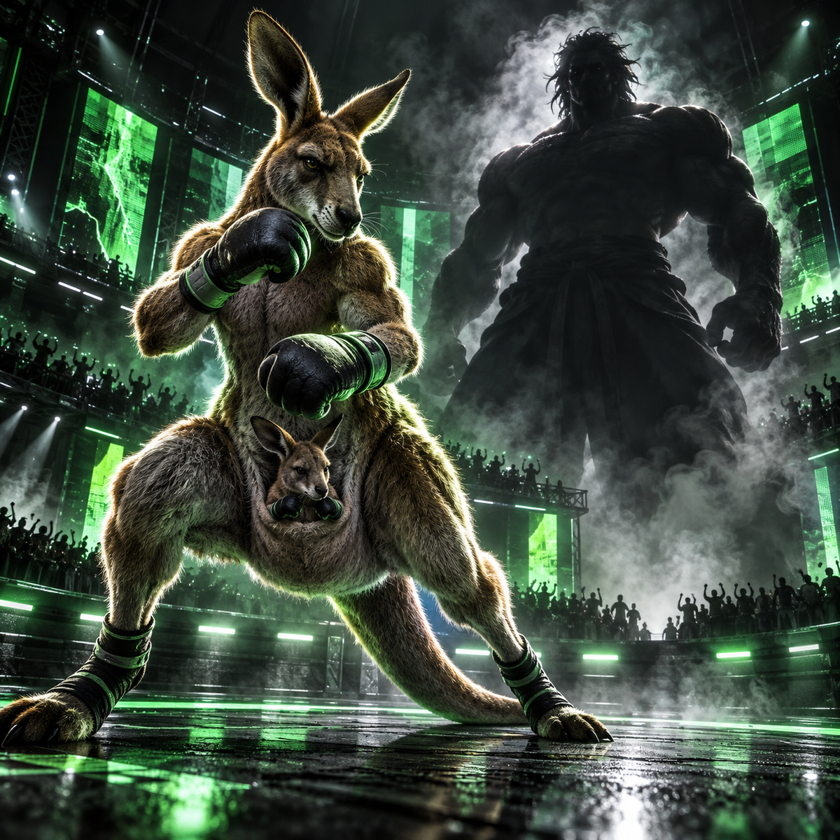 Original neon-green arena artwork representing Roger Jr. and Yujiro Hanma news for Tekken 8