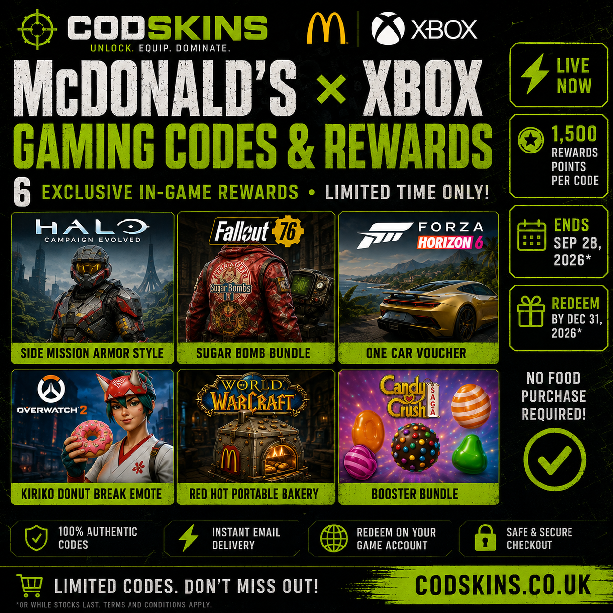 McDonald’s gaming codes and rewards collection featuring Halo, Fallout 76, Forza Horizon 6, Overwatch, World of Warcraft and other promotional DLC
