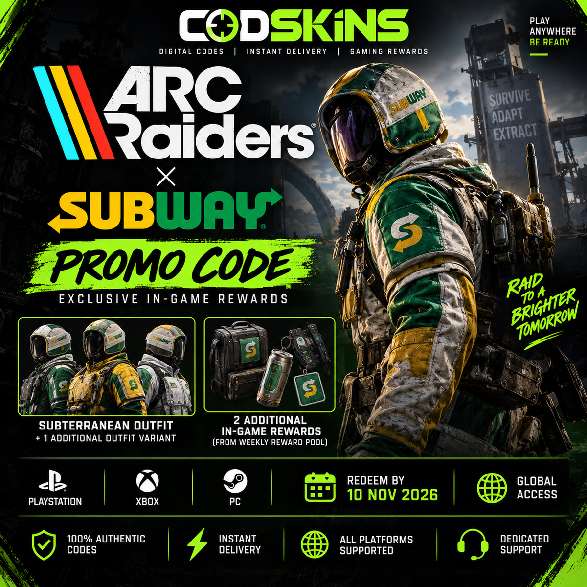 ARC Raiders x Subway promo code Subterranean Outfit and exclusive in-game rewards
