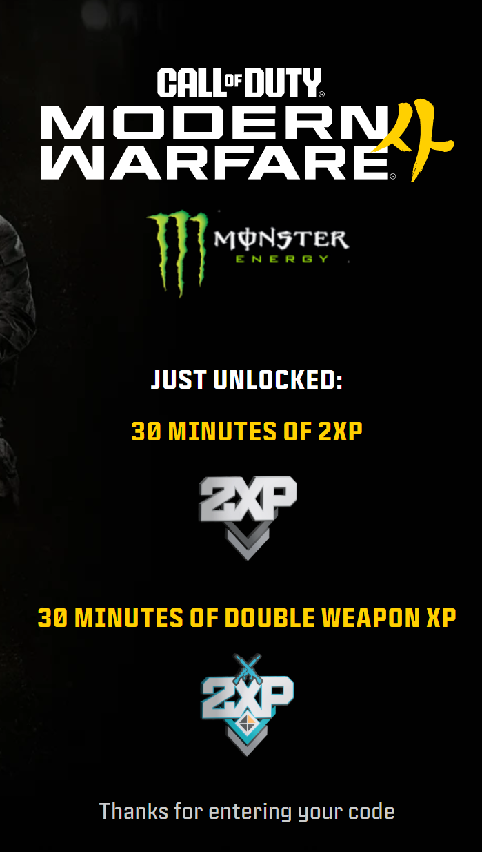 CODSKINS MW4 30-minute Dual XP code – 30 minutes each of Double Rank XP and Double Weapon XP redemption