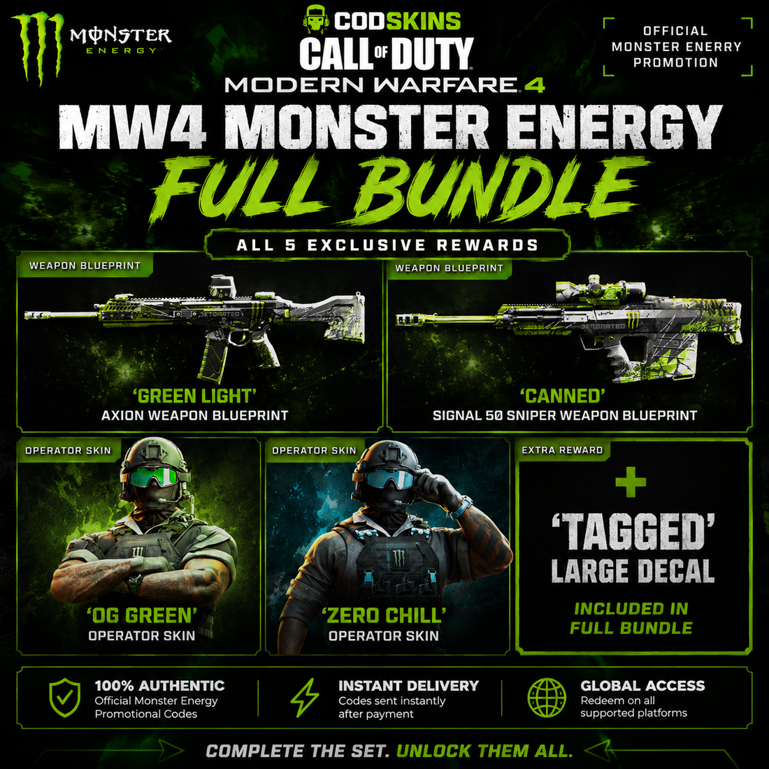 Call of Duty MW4 Monster Energy Full Bundle Green Light Canned OG Green Zero Chill rewards