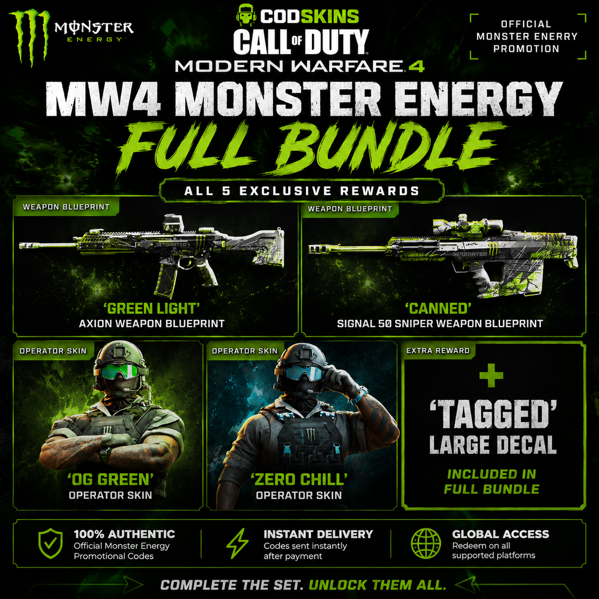 Call of Duty MW4 Monster Energy Full Bundle Green Light Canned OG Green Zero Chill rewards