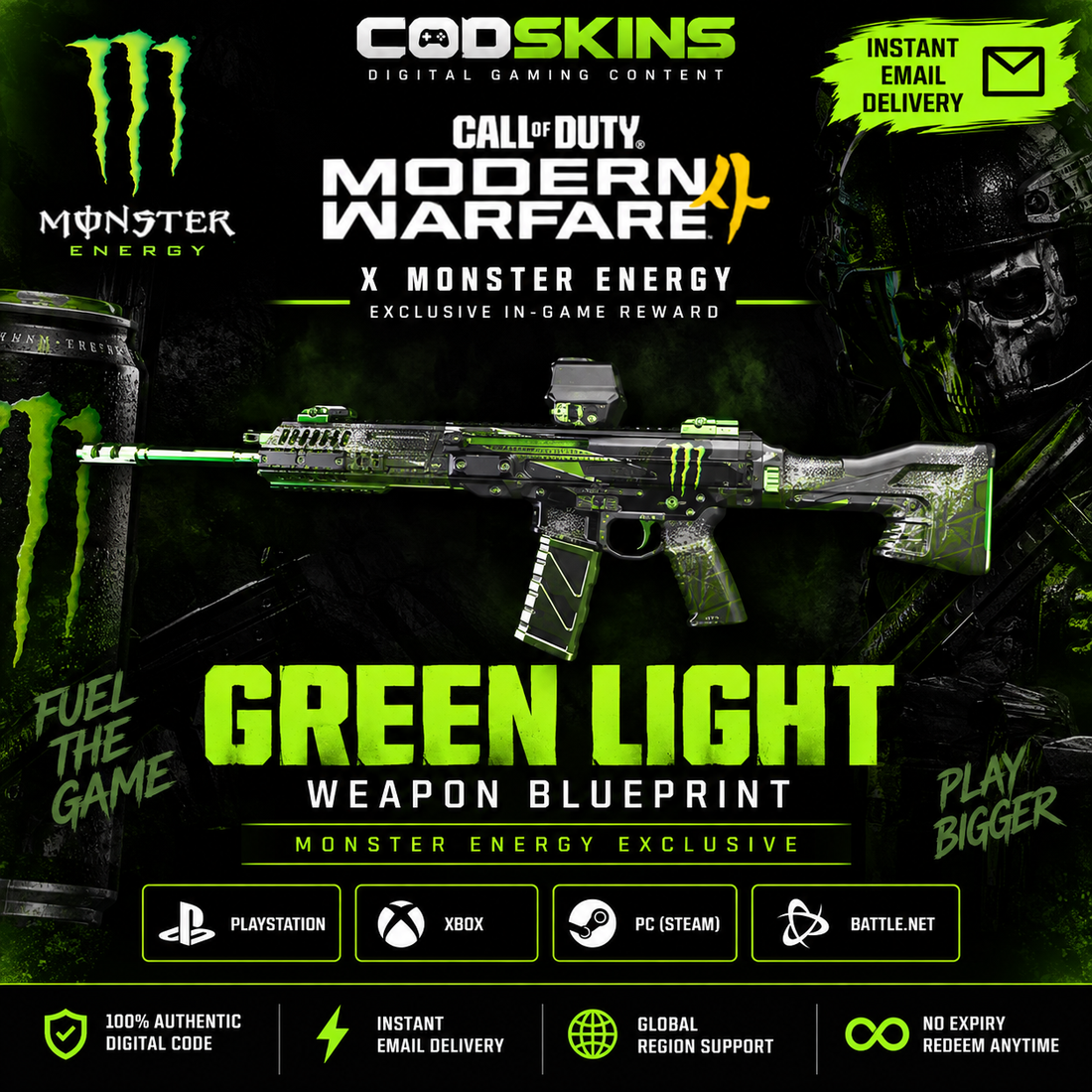 Call of Duty MW4 Monster Energy Green Light weapon blueprint digital code reward – exclusive in-game weapon cosmetic from CODSKINS