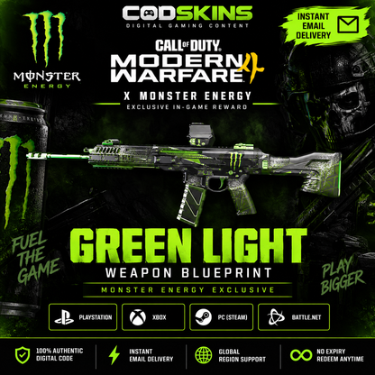 Call of Duty MW4 Monster Energy Green Light weapon blueprint digital code reward – exclusive in-game weapon cosmetic from CODSKINS