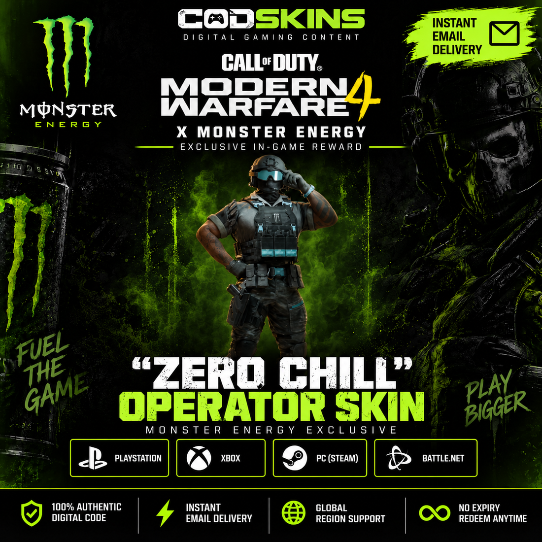 Call of Duty Modern Warfare 4 Monster Energy Zero Chill Operator Skin digital code reward – exclusive in-game cosmetic from CODSKINS