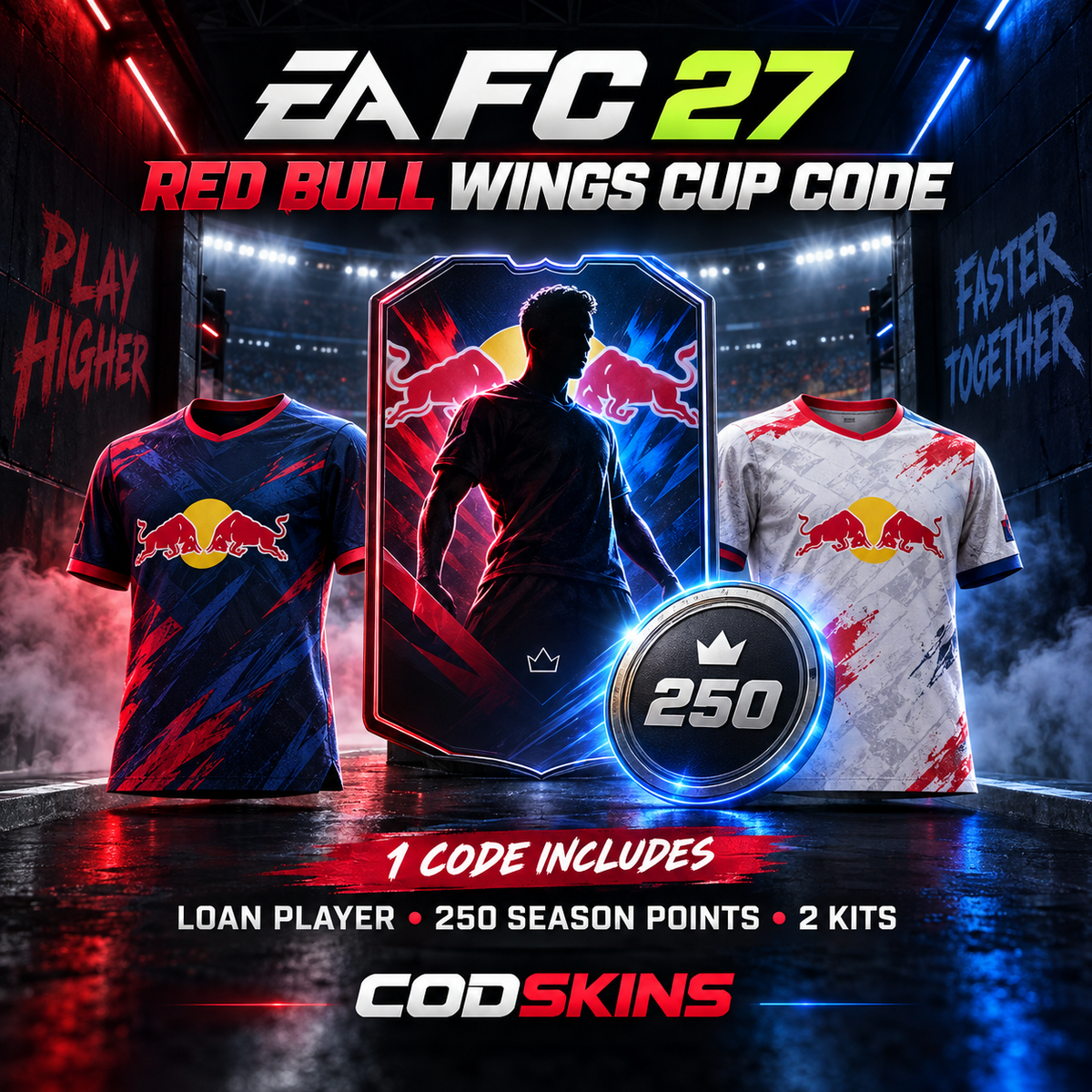 EA FC 27 Red Bull Wings Cup code featuring a loan player, 250 Season Points and two exclusive football kits.