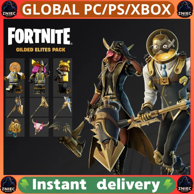 Fortnite Gilded Elites Pack - Gunslinger Calamity, The Goldfish &amp; Lustrous Luxe Outfits + LEGO Styles, 3 Back Blings &amp; 3 Pickaxes - Global Digital Code - PC/PS/Xbox

