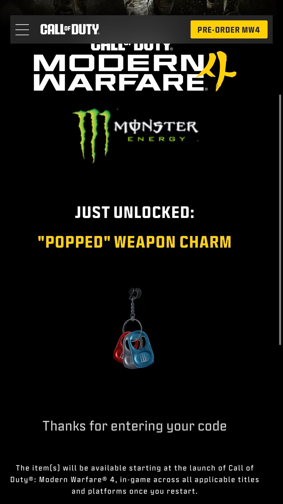 Popped Weapon Charm Monster Energy Redemption success screen