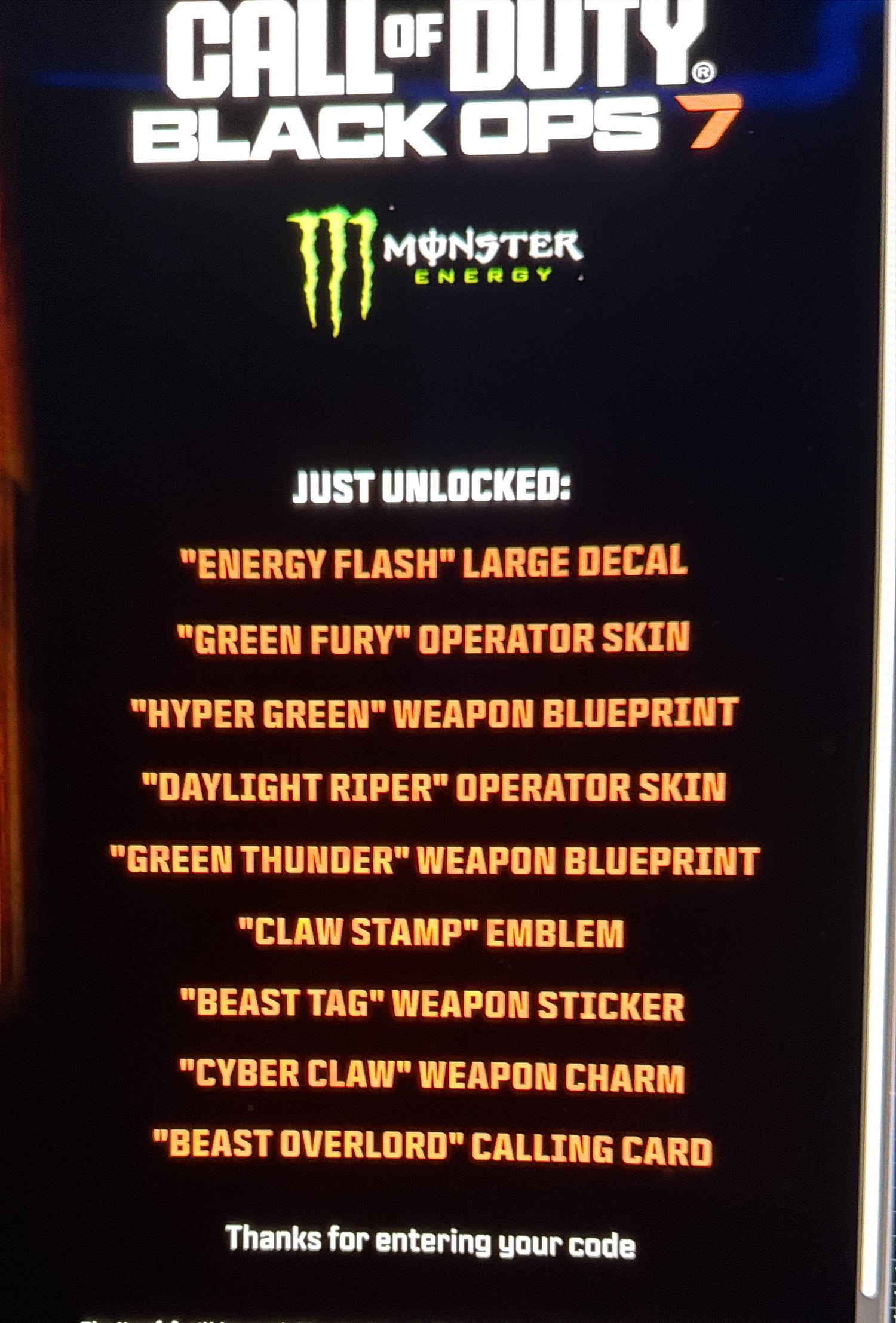 Call of duty black ops 7 Monster energy Premium pack. USA store exclusives weapon charm, weapon sticker, calling card, emblem