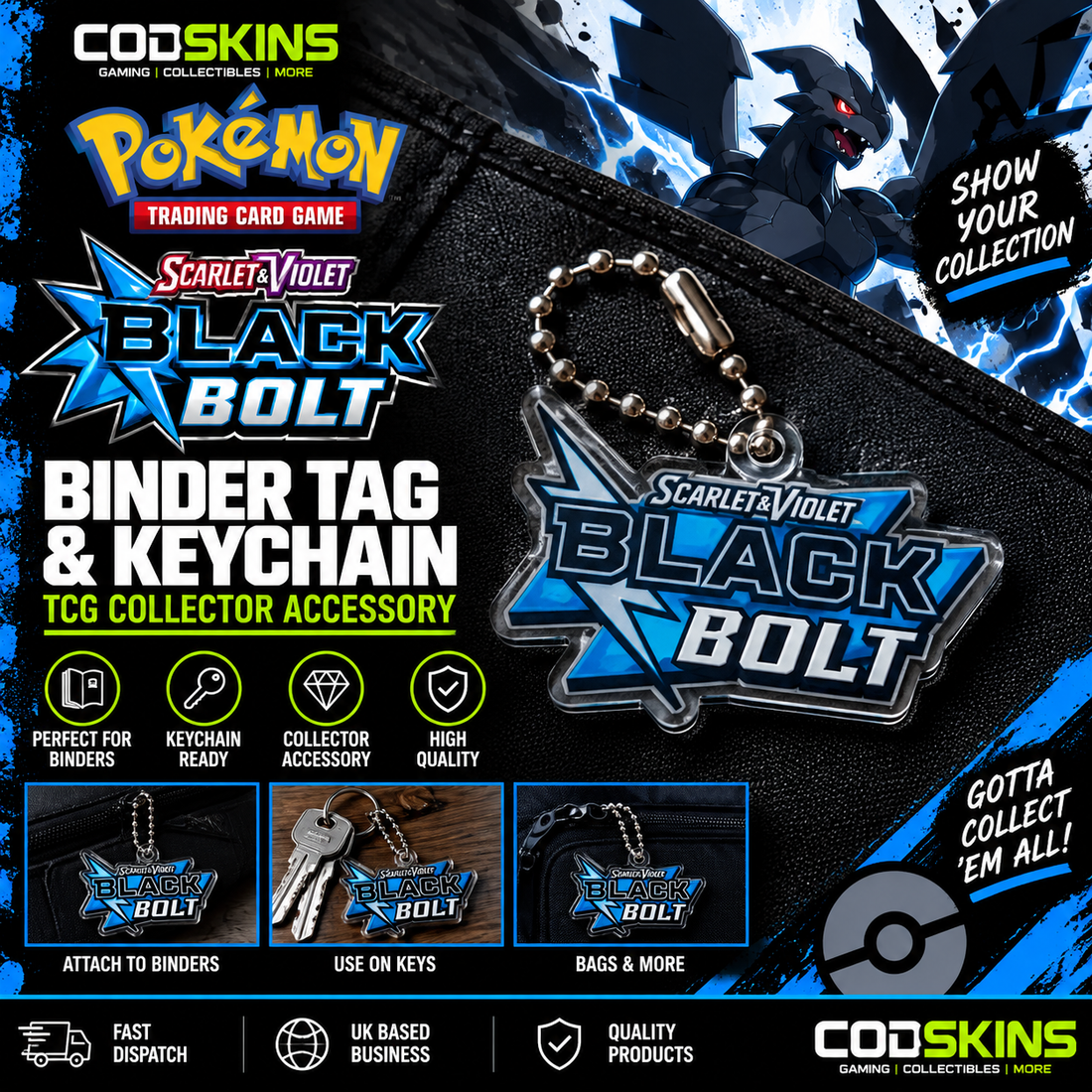 Pokémon Black Bolt binder tag keychain for TCG card binder