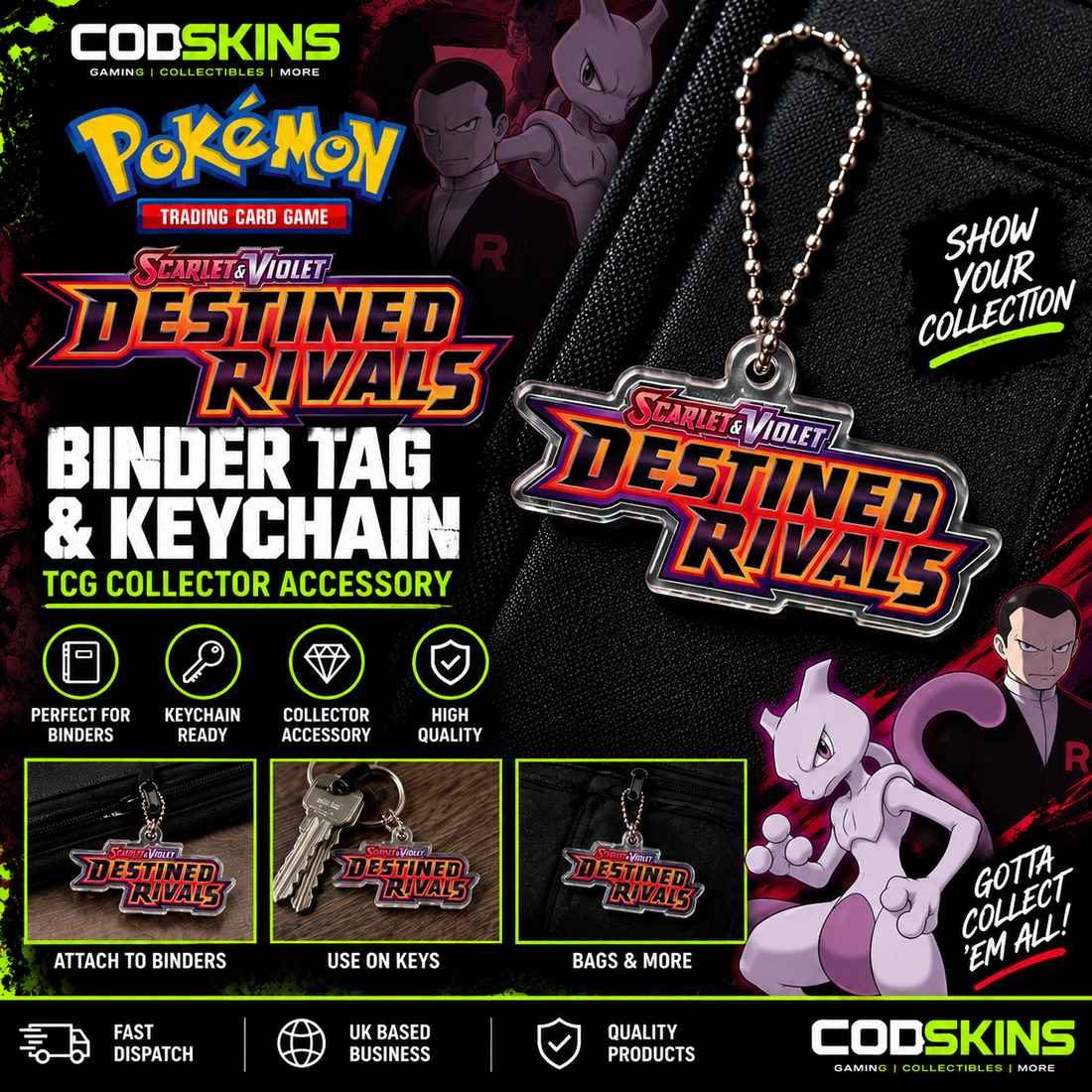 Pokémon Destined Rivals binder tag keychain for TCG card binder