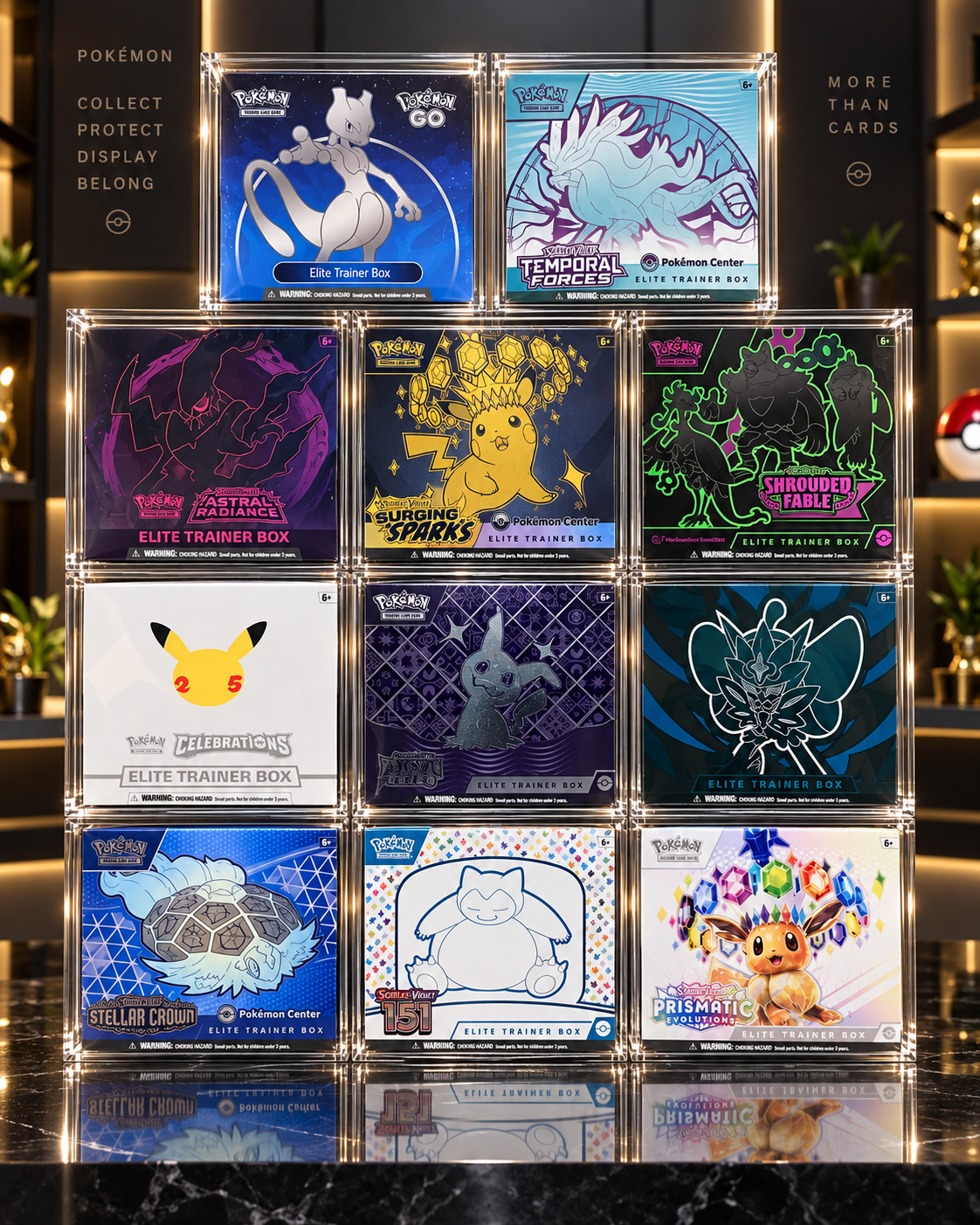 Pokémon Elite Trainer Box collection displayed in clear acrylic protective cases, featuring multiple Pokémon Center ETBs in a premium collector display.