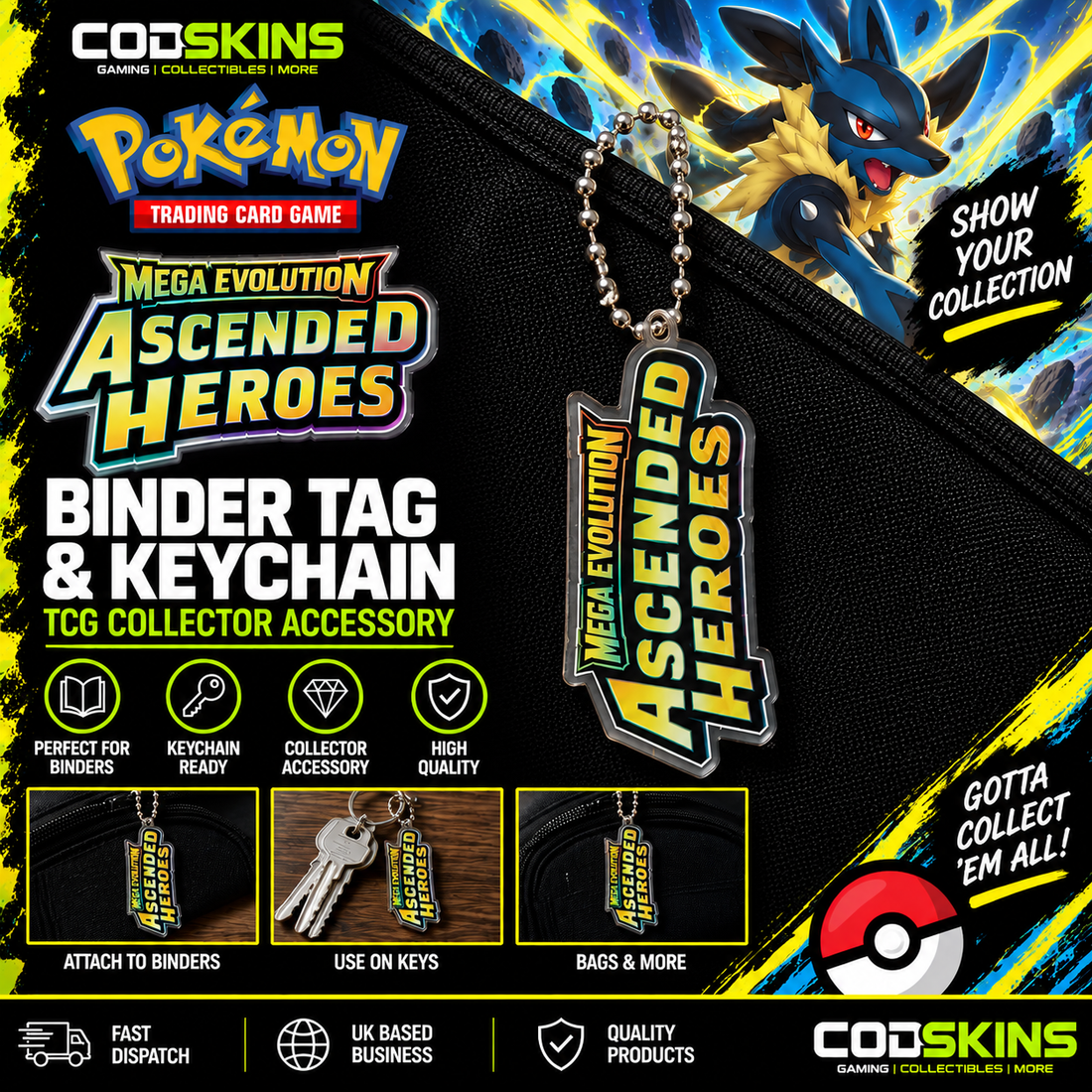 Pokémon Mega Evolution Ascended Heroes binder tag keychain
